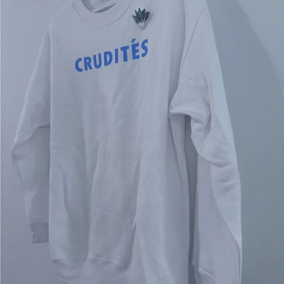 NWOT STAUD Crudités Slogan White Sweatshirt with Blue Print and Pin. - Picture 4 of 7